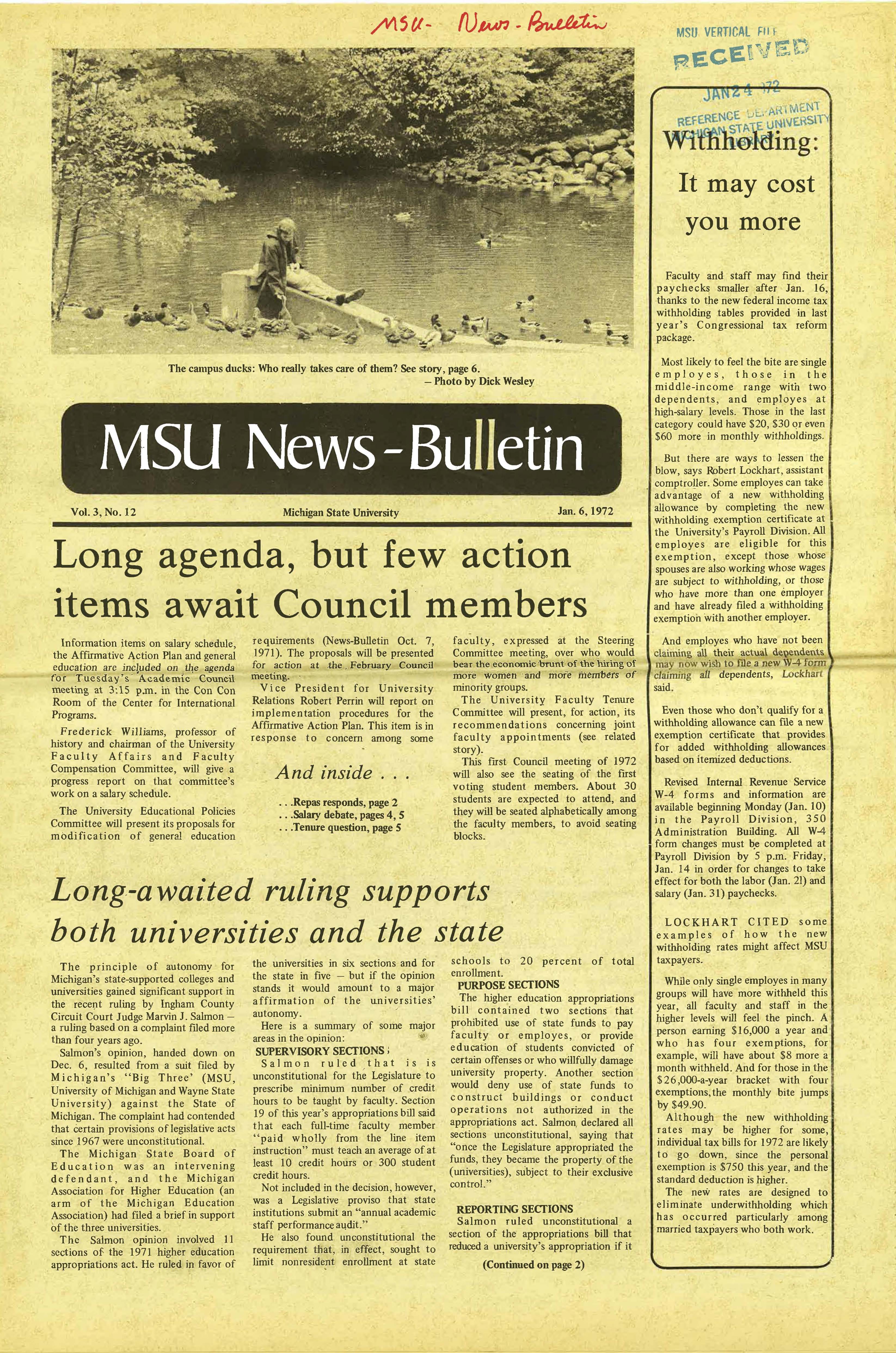 MSU News Bulletin, vol. 3, No. 21, March 9, 1972