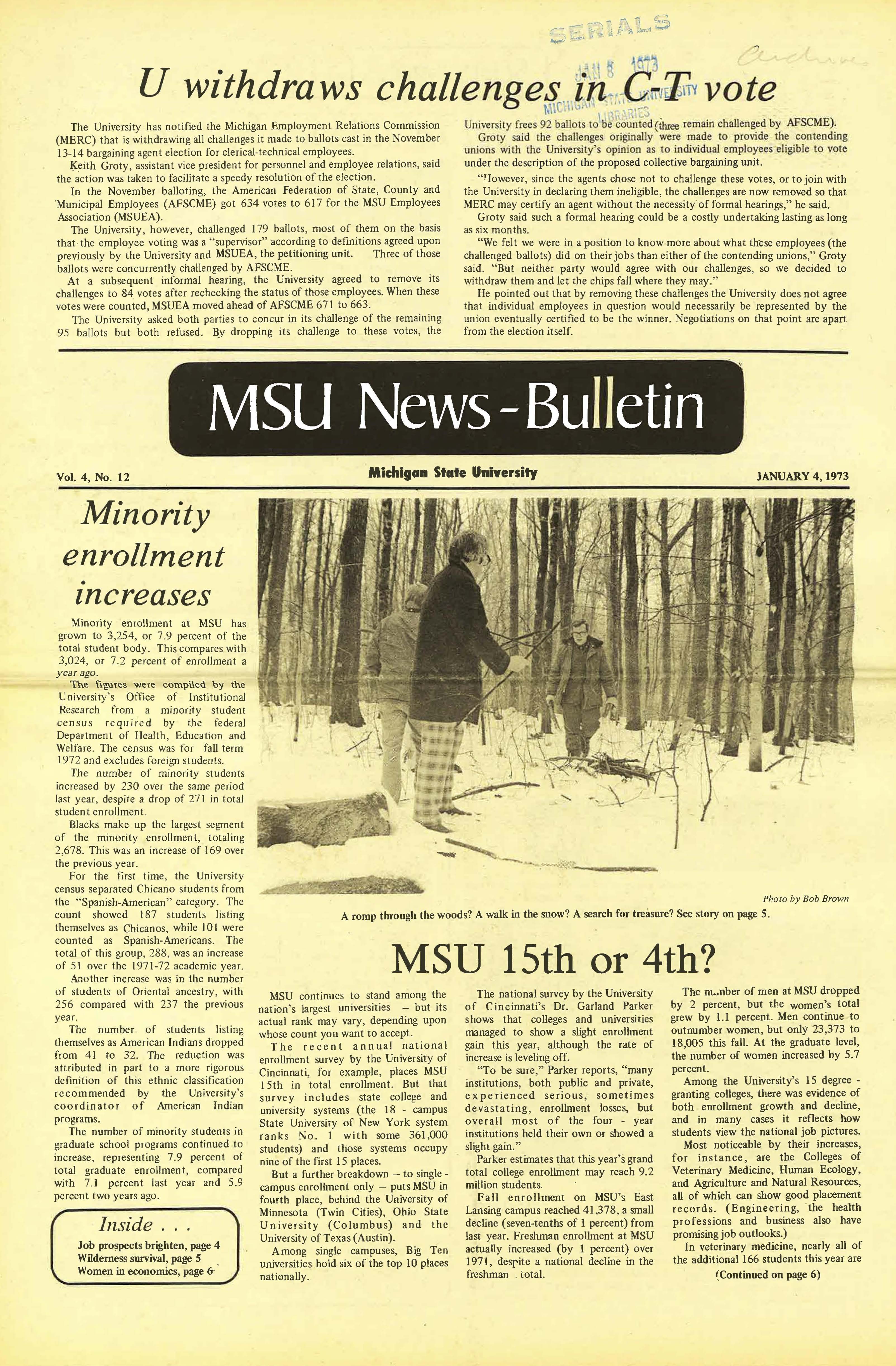 MSU News Bulletin, vol. 4, No. 14, January 18, 1973