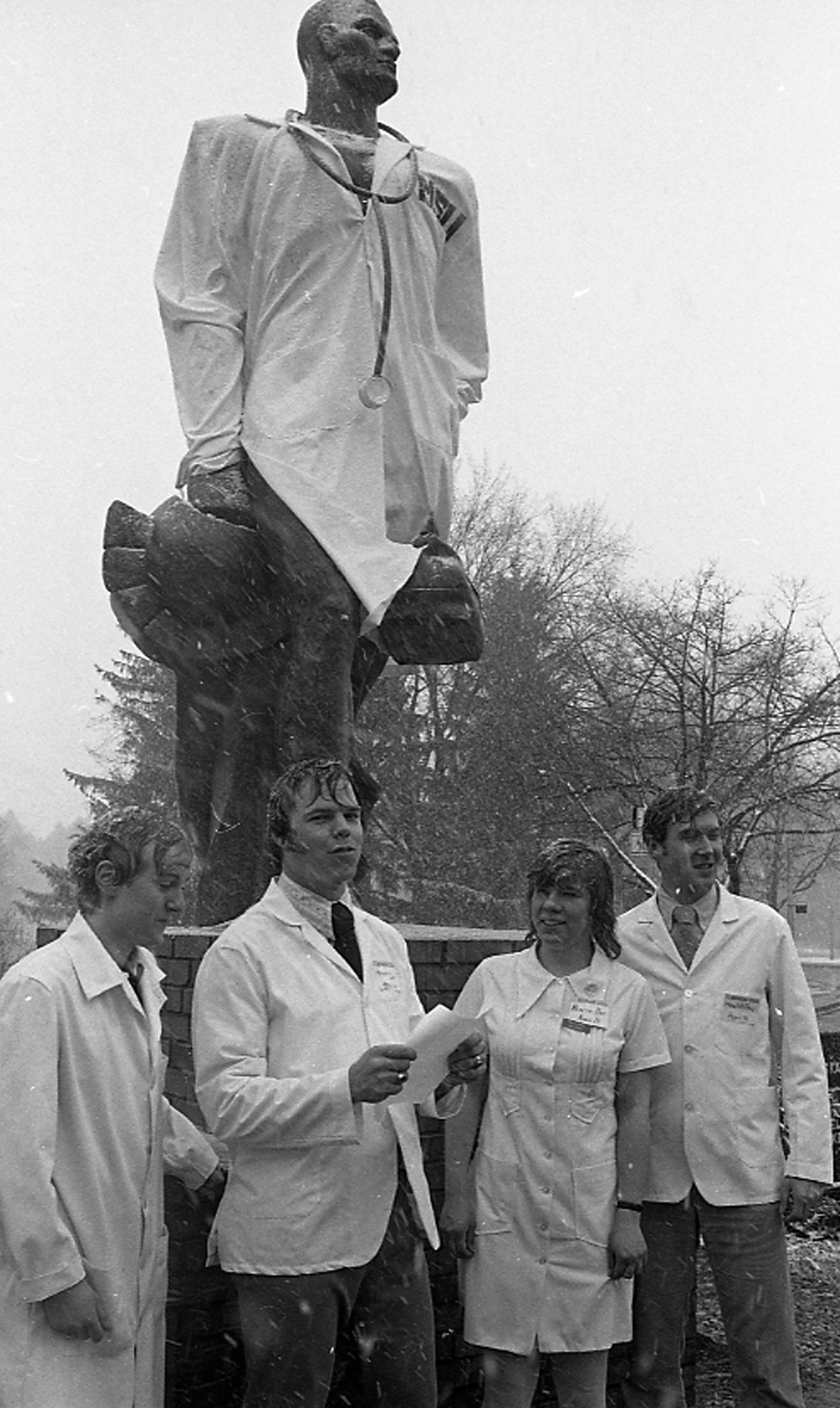 Medical coat on Sparty Statue, 1973