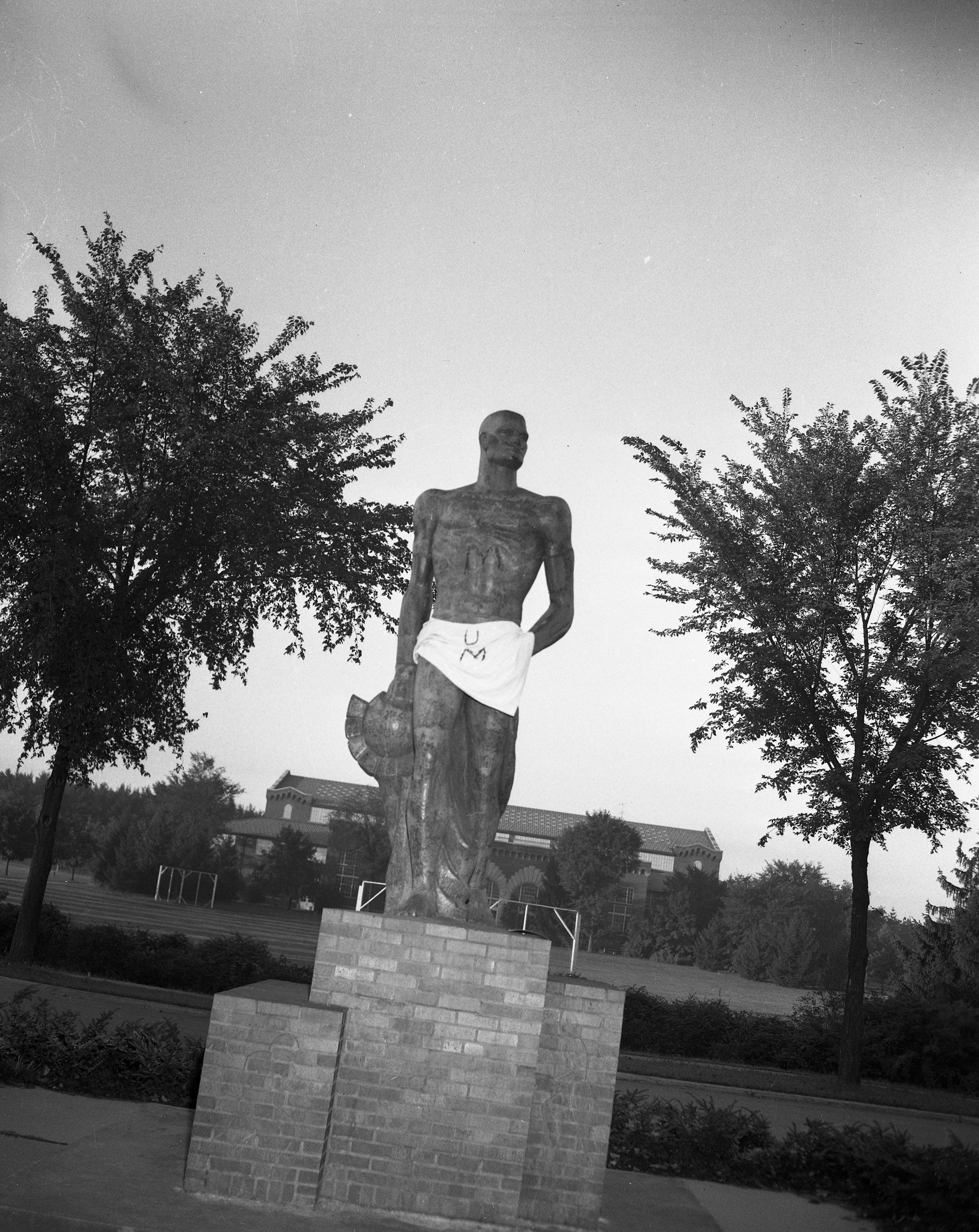 Sparty graffitied with U of M colors, Circa 1952