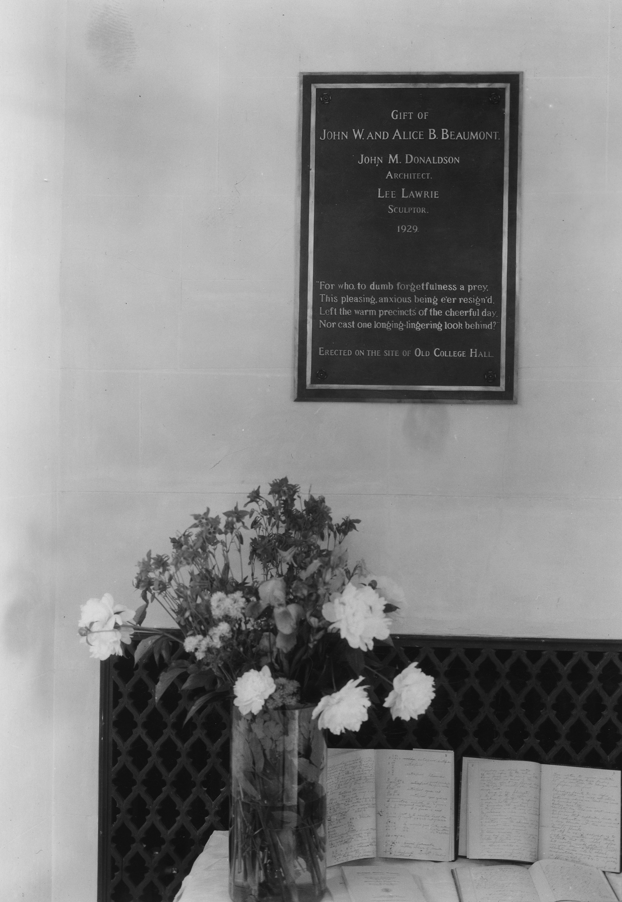 Plaque inside Beaumont Tower, undated