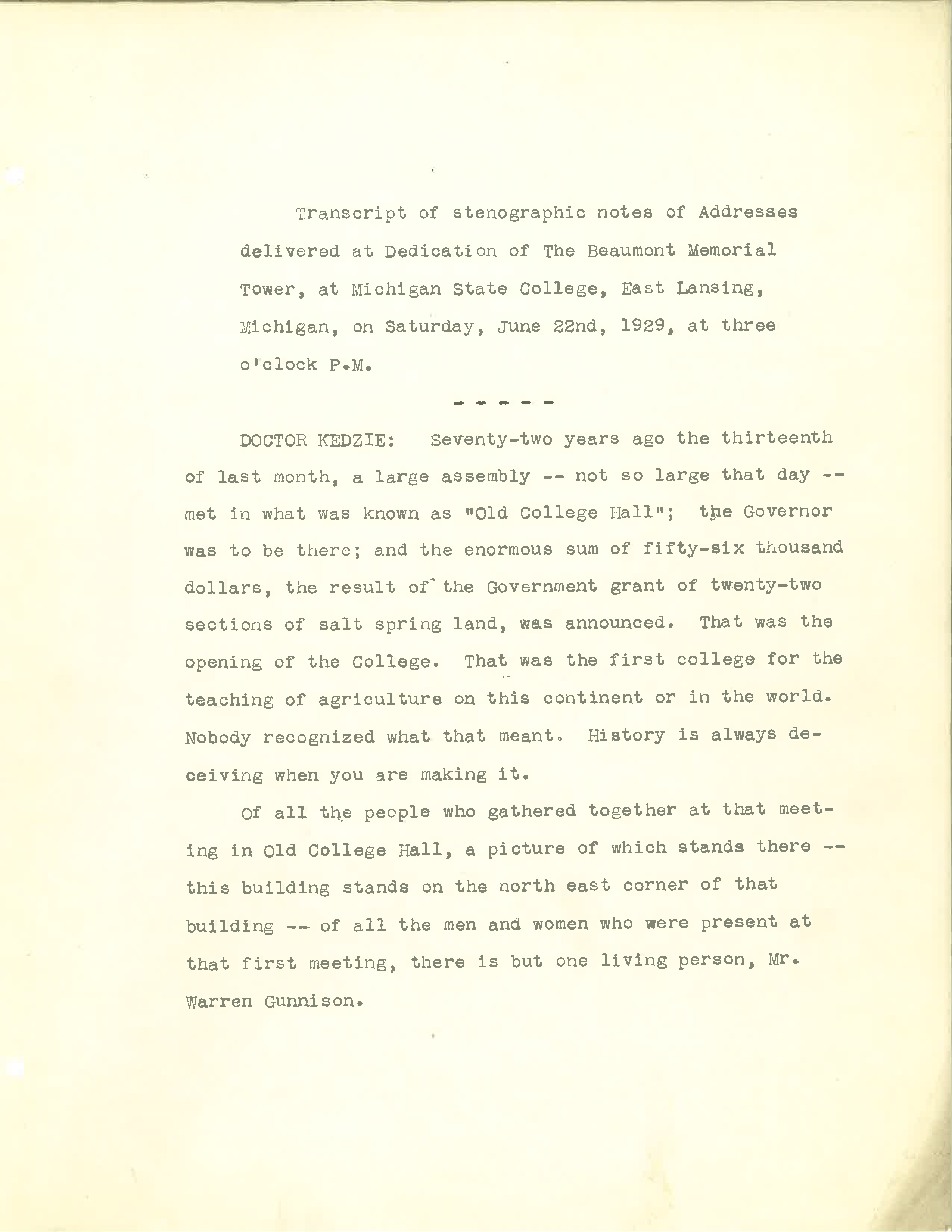 Transcript of Addresses Delivered at Dedication of Beaumont Tower; June 22, 1929