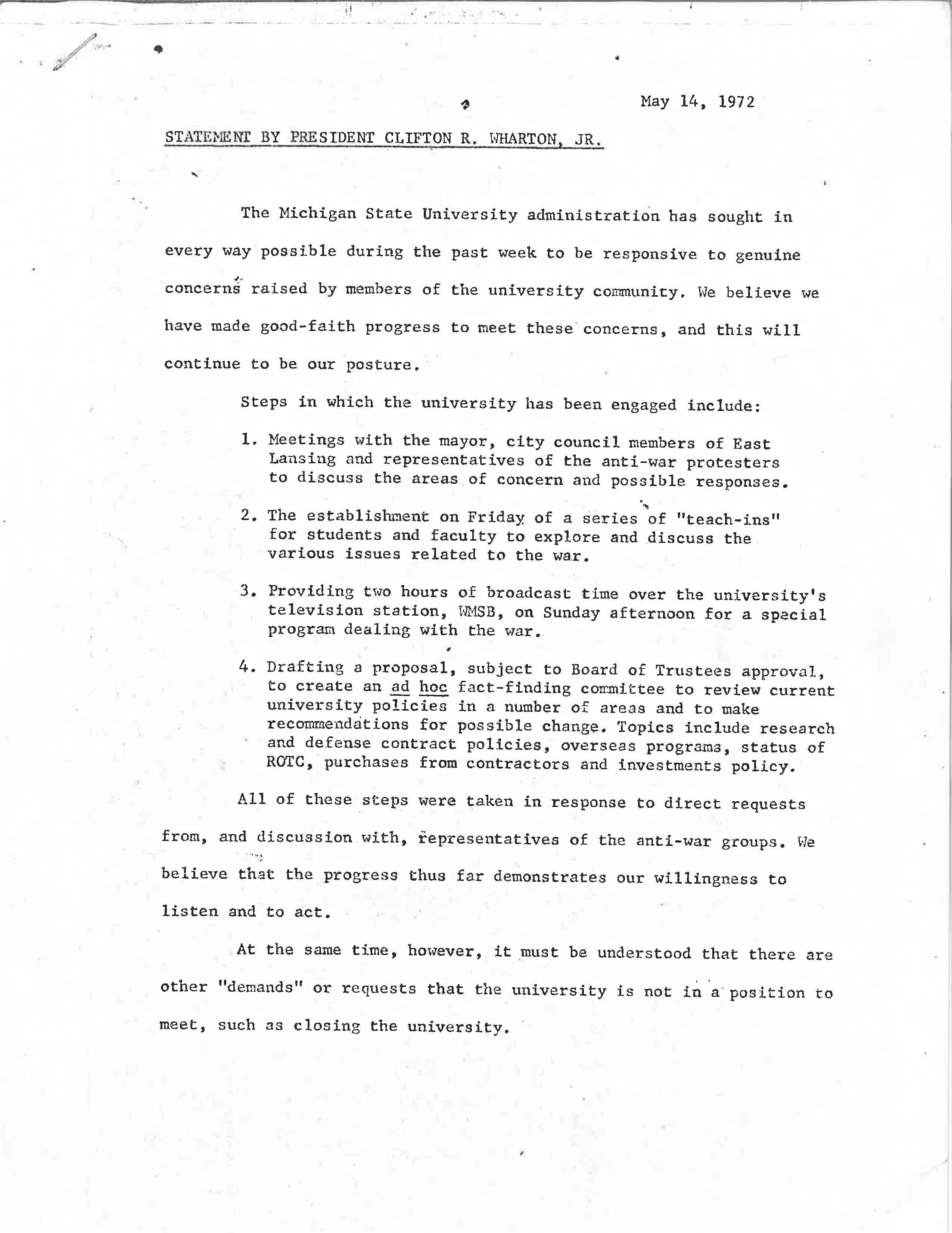 President Wharton Statement on Anti-War Demands