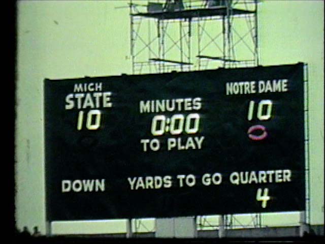 Final score on the scoreboard at the MSU vs Notre Dame football game, 1966