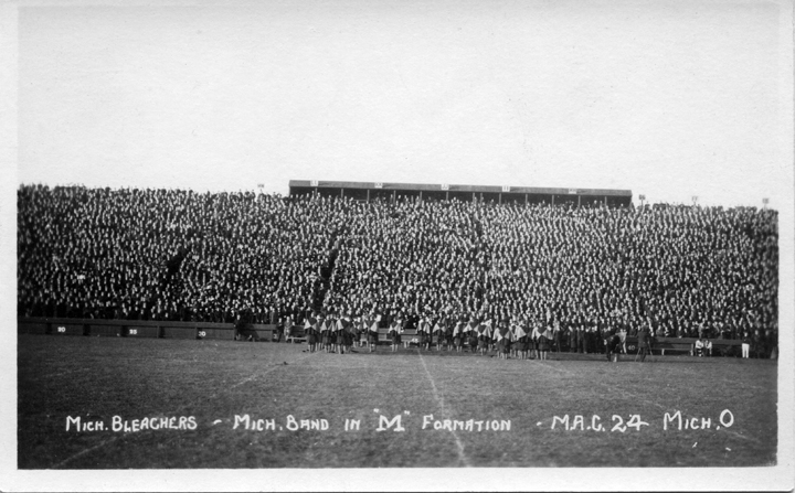 University of Michigan band in "M" formation at a M.A.C. vs. U. of M. football game