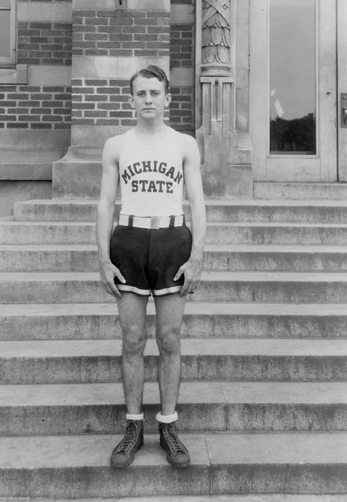 Unidentified MSC basketball player in white jersey, 1930