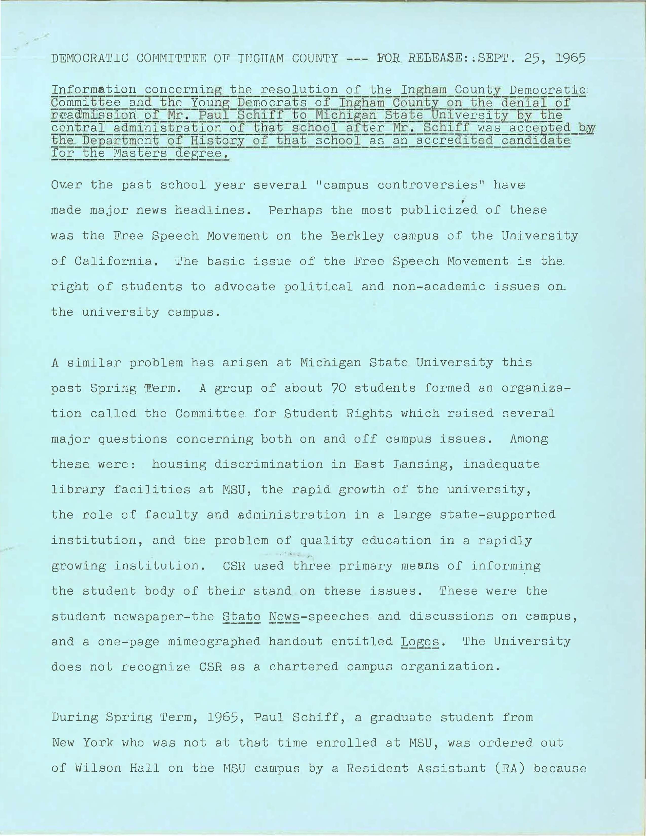 Democratic Committee of Ingham County press release, September 25, 1965