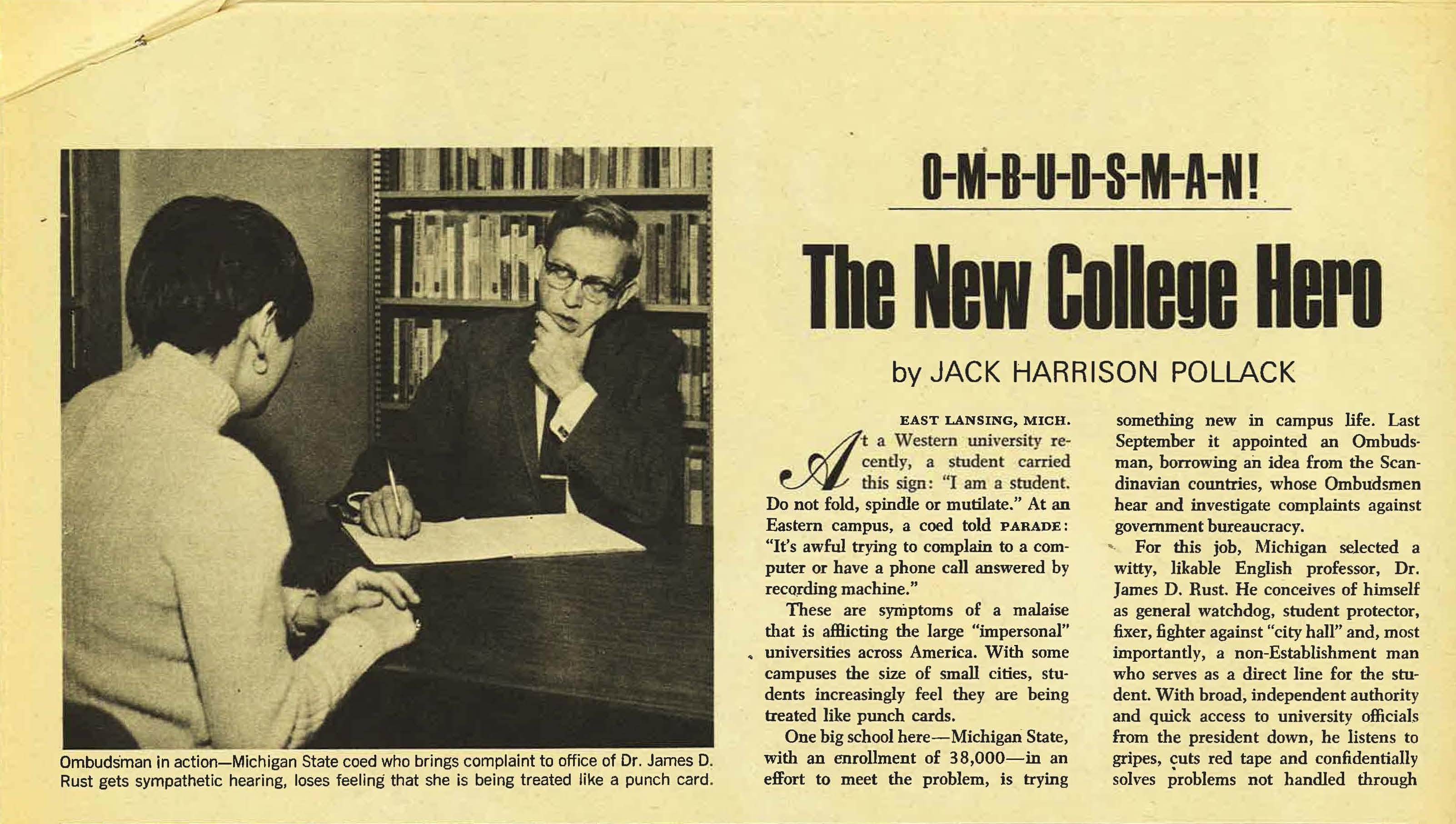 "O-M-B-U-D-S-M-A-N!: The New College Hero," by Jack Harrison Pollack, 1968