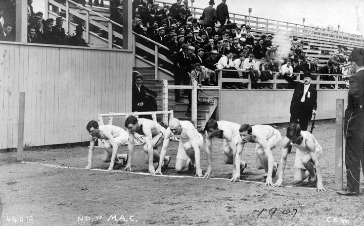 Start of the 440 yd. race, Notre Dame vs. M.A.C., 1907