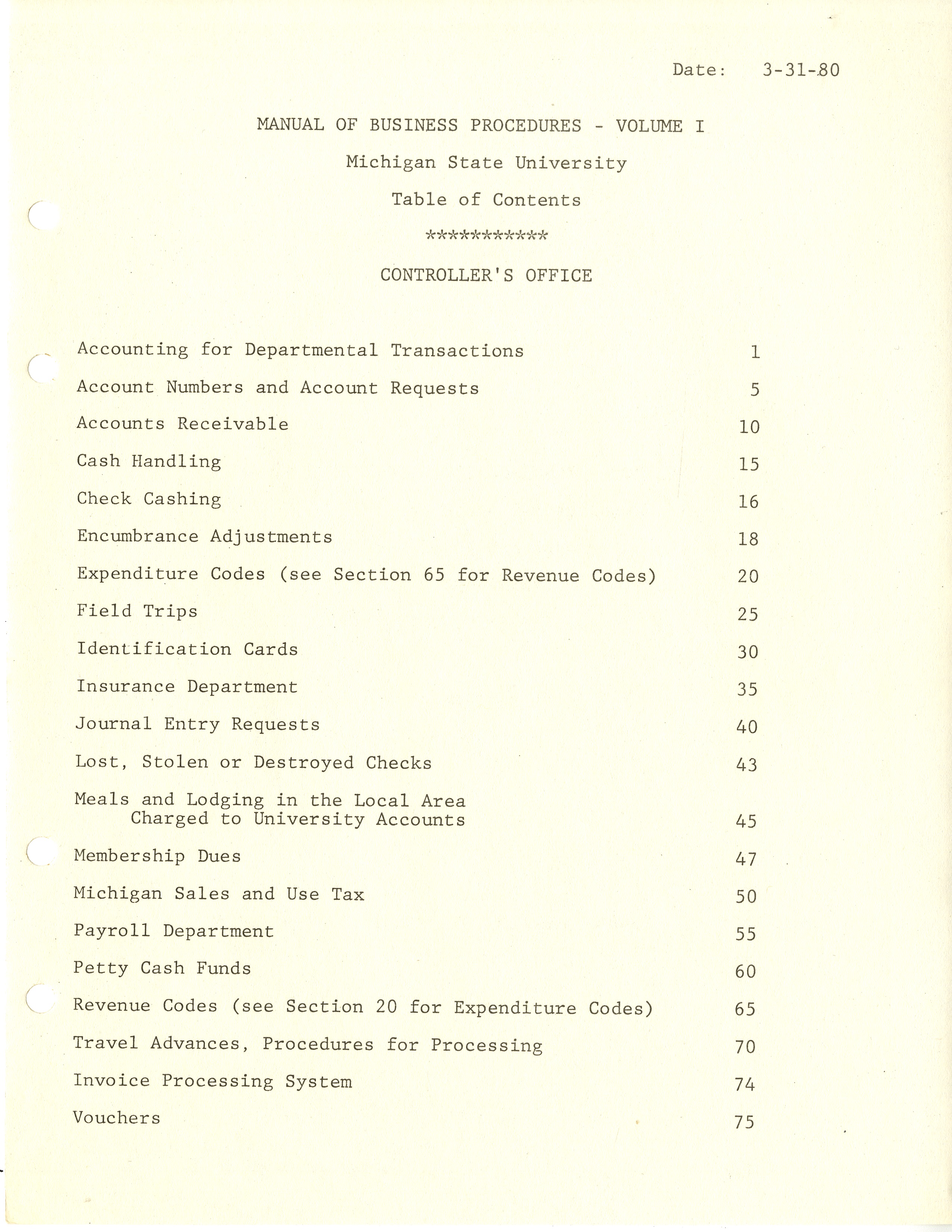 MSU Manual of Business Procedures, 1980