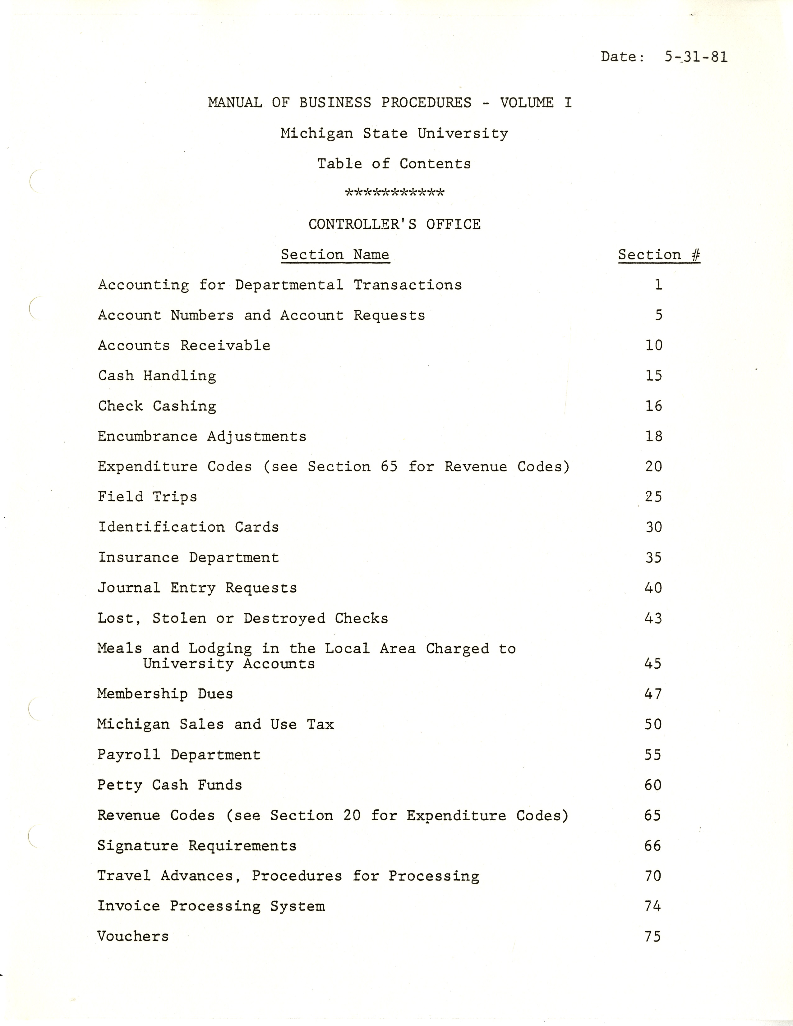 MSU Manual of Business Procedures, 1981
