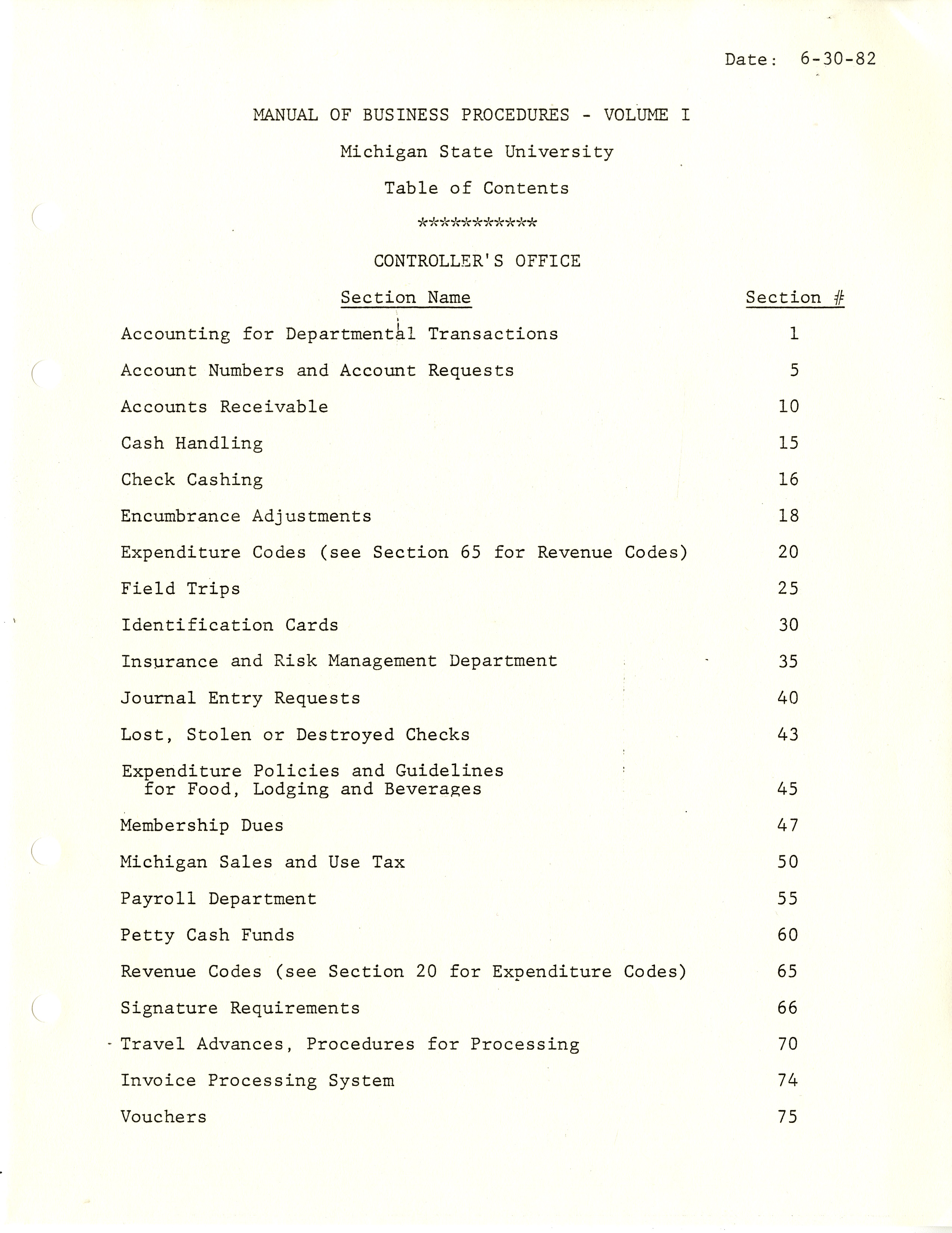 MSU Manual of Business Procedures, 1982