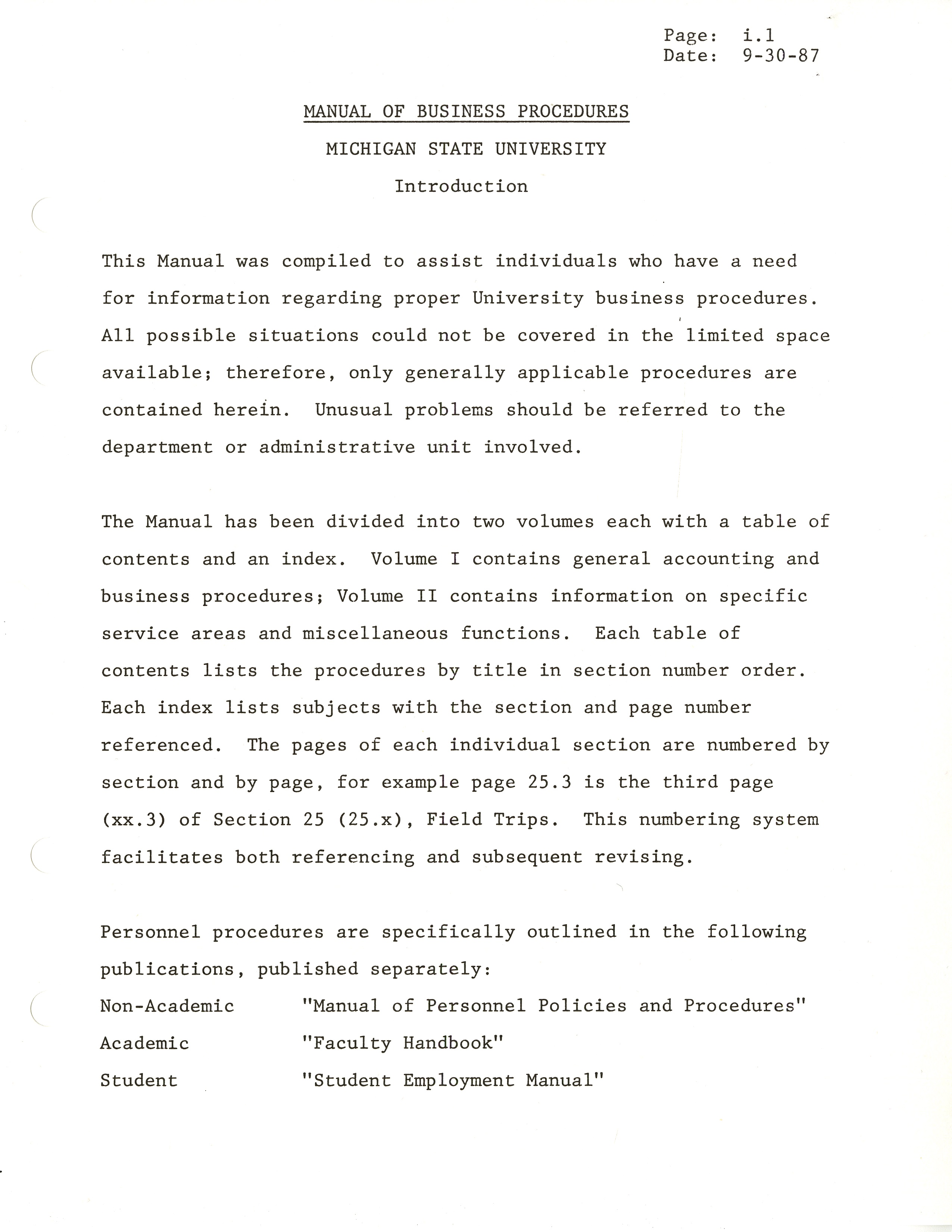 MSU Manual of Business Procedures, 1988