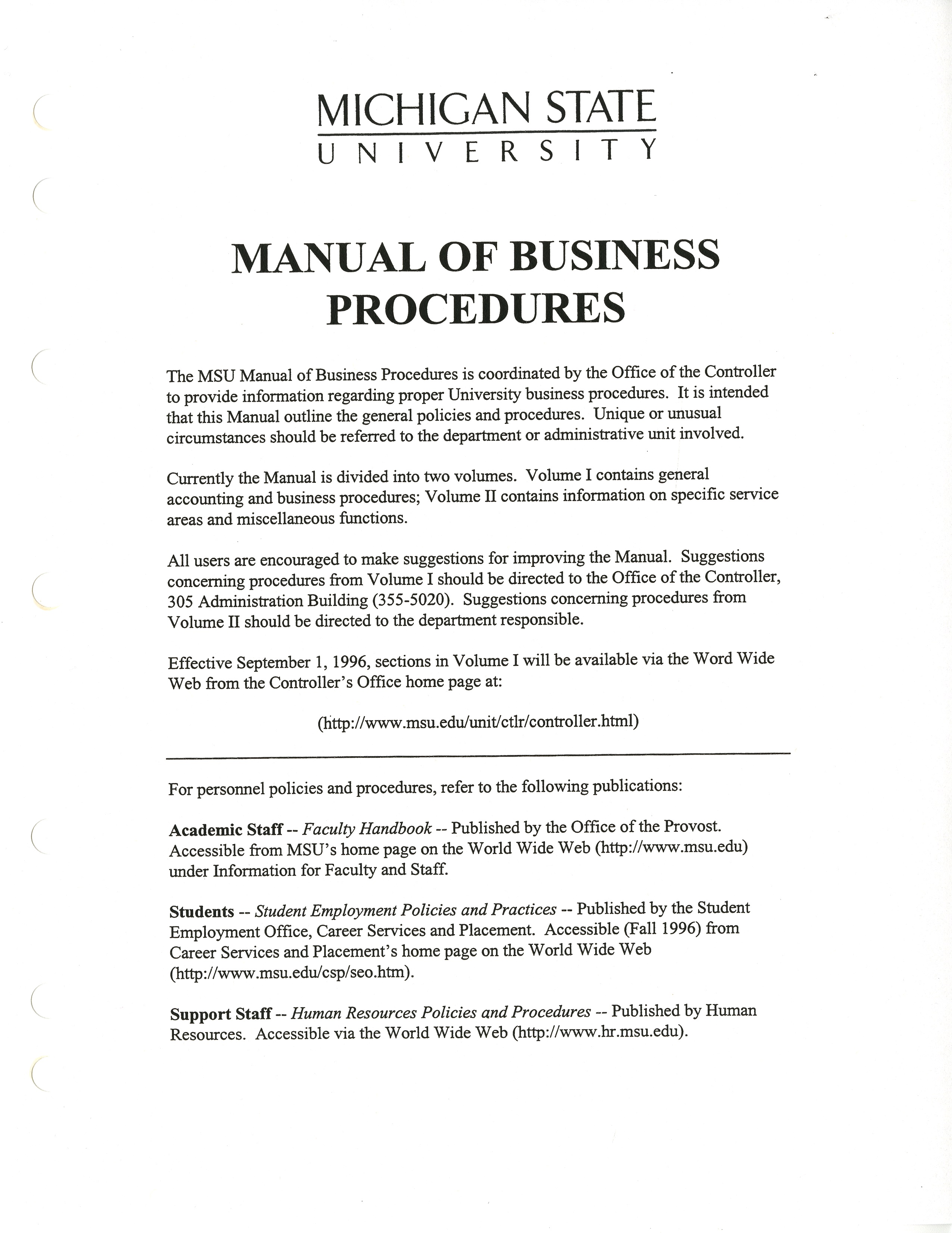MSU Manual of Business Procedures, 1996
