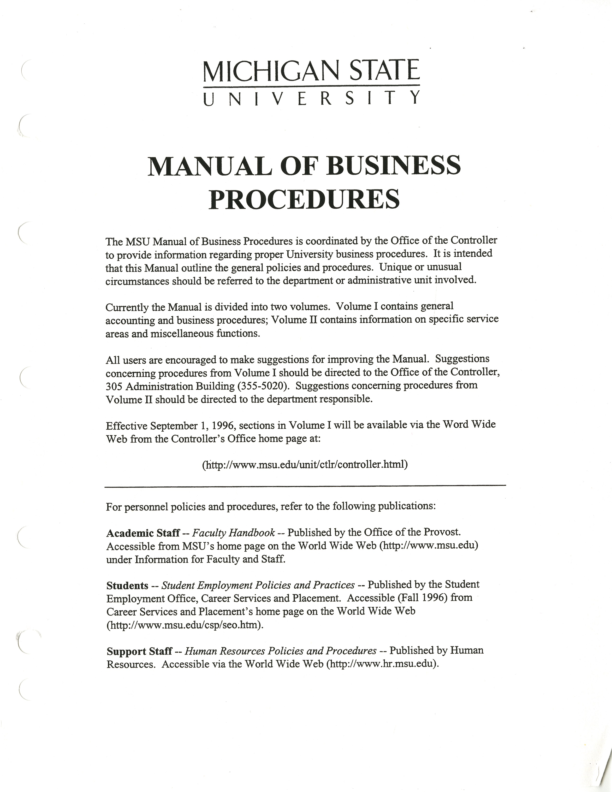 MSU Manual of Business Procedures, 1996-1998