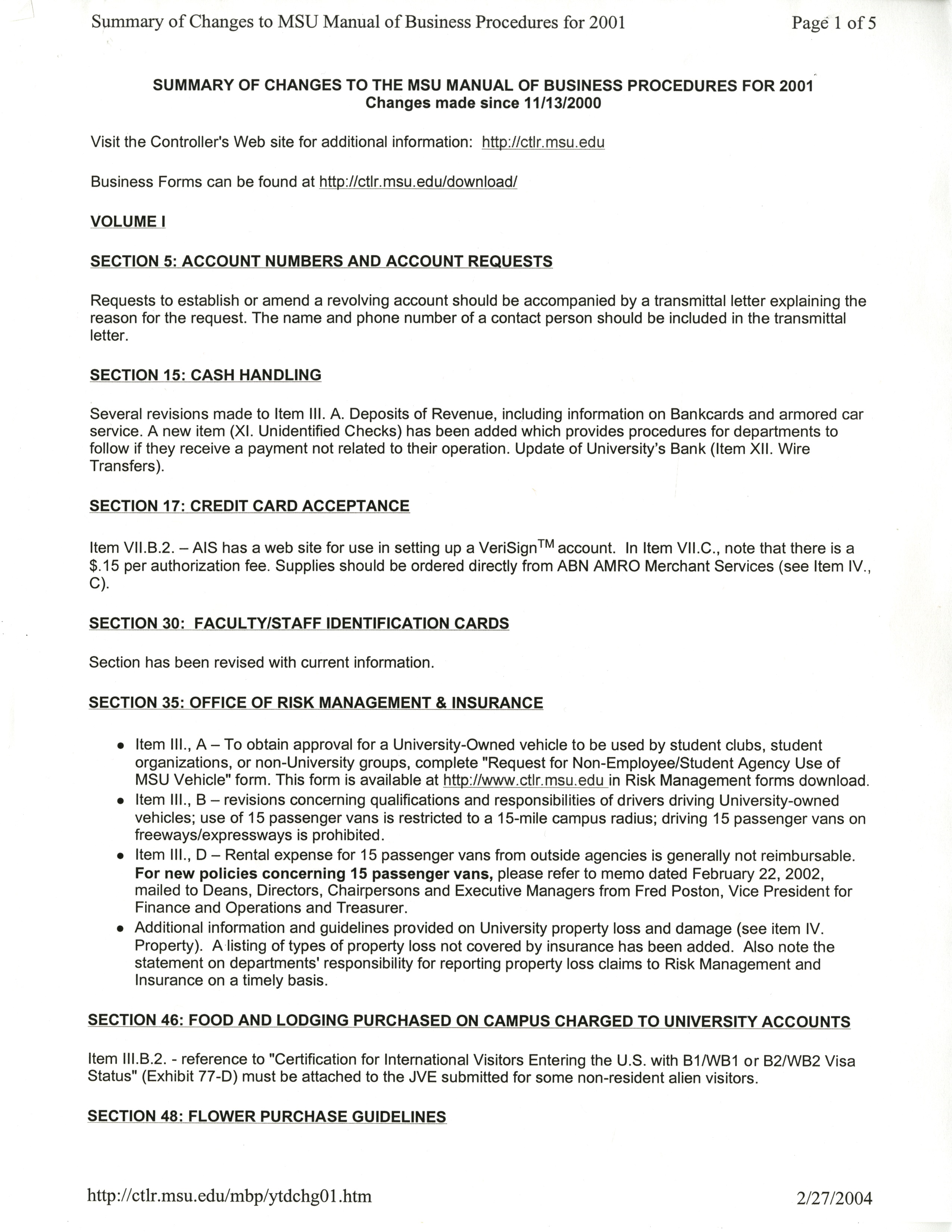 MSU Manual of Business Procedures, 2000-2002