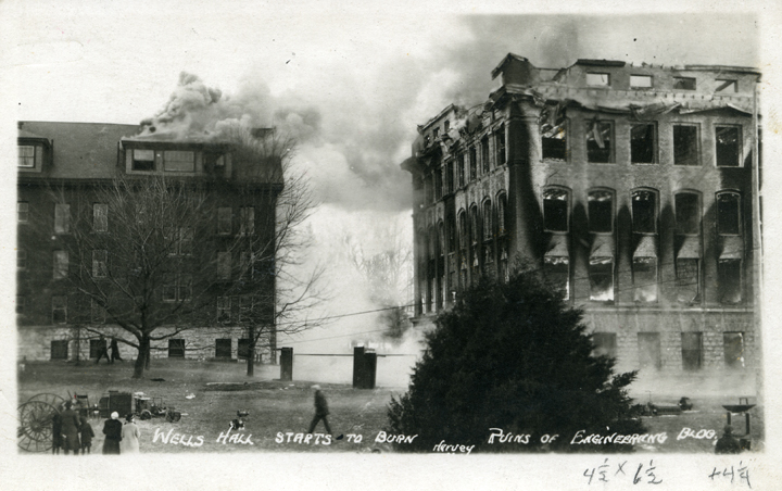 Wells Hall begins to burn, 1916
