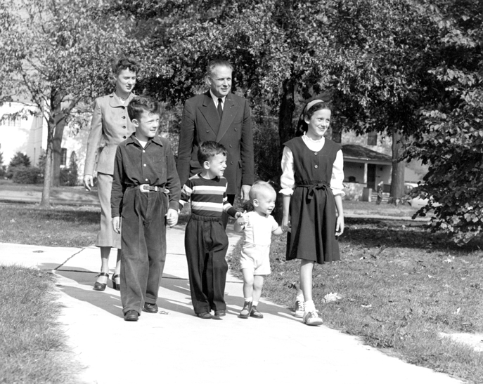 President Hannah and his family walk in East Lansing, 1945