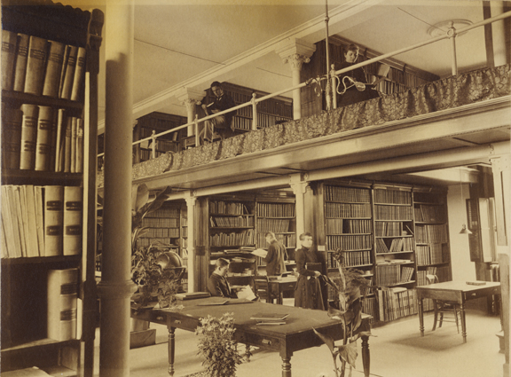 People studying in the library (Linton Hall), 1890s