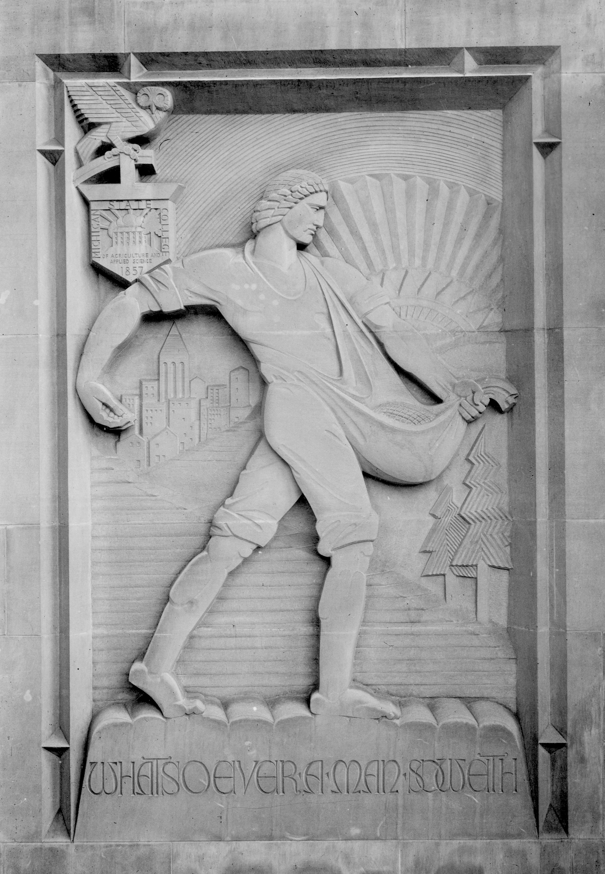 Beaumont Tower carving "The Sower", date uknown