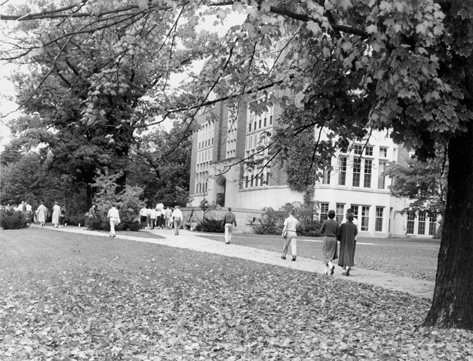 Students in front of the Union Building, 1955