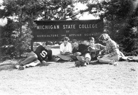 Students study in front of MSC sign, 1930s