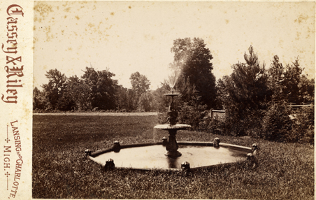 A fountain on campus, date unknown