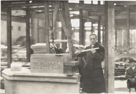 Professor Clark with the cornerstone of Kedzie Hall, 1926