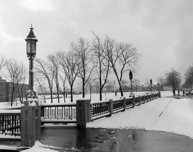 A snowy view of the bridge at Farm Lane, 1951