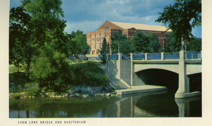Farm Lane Bridge and Auditorium (Michigan State Centennial Postcard Pack), 1955