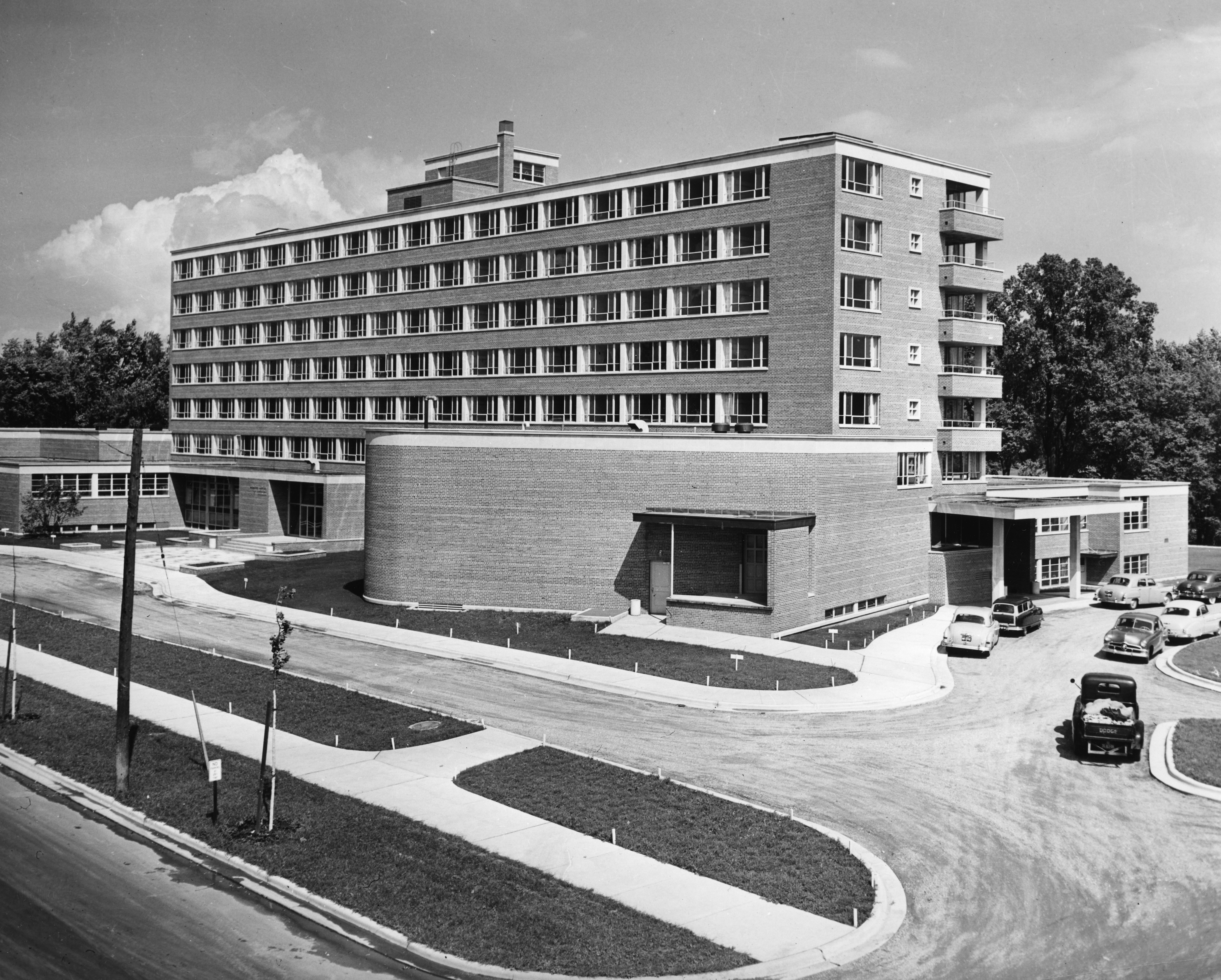 Exterior view of the Kellogg Center, 1953.