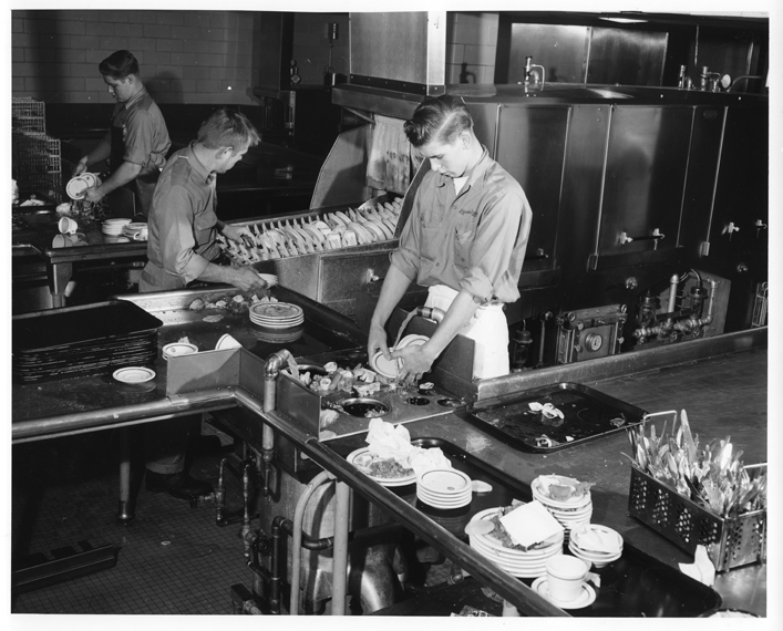Cleaning dishes in Brody Hall, 1954