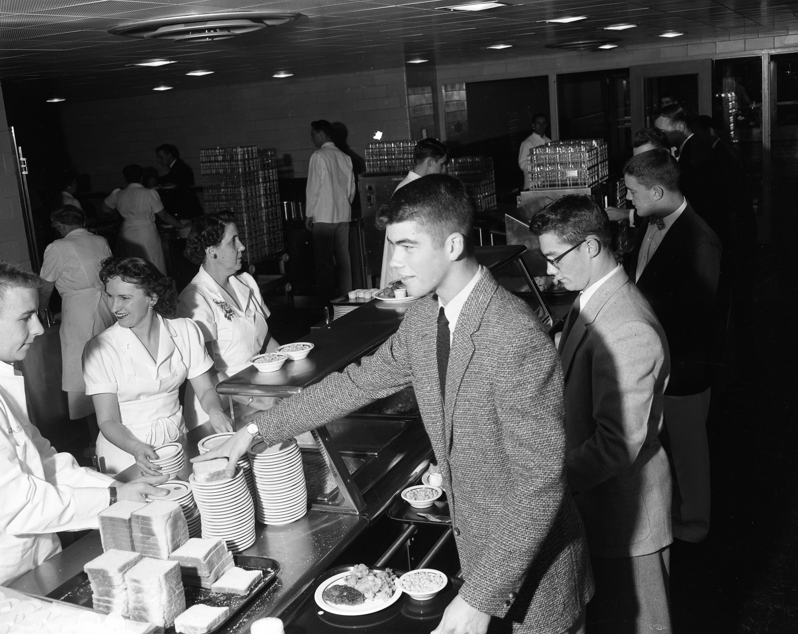 Brody Hall Kitchen food line, 1954