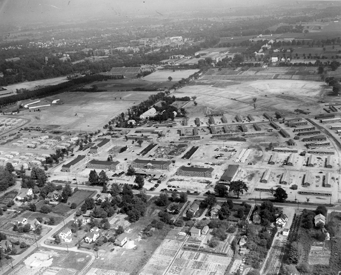 Aerial view of post-war temporary housing, circa 1940s