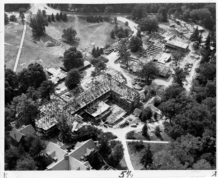 Landon Hall & Yakeley Hall construction (aerial), 1947