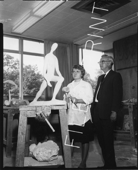 Paul Varg and Mary Harrold with sculpture, 1962