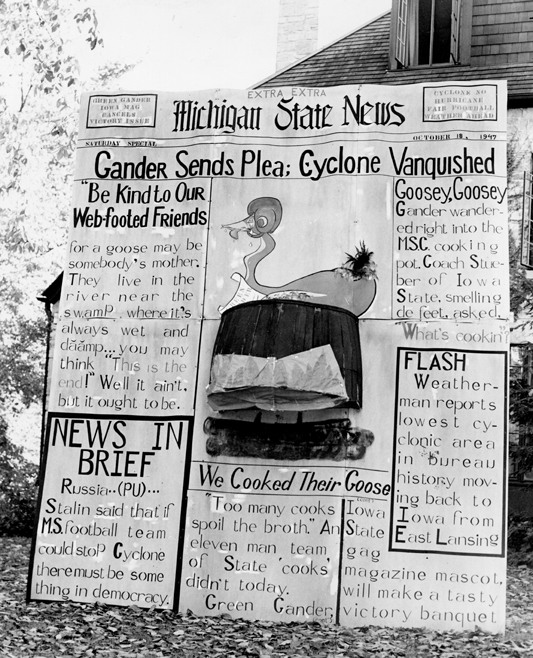 Outdoor Homecoming display "Gander Sends Plea," 1947