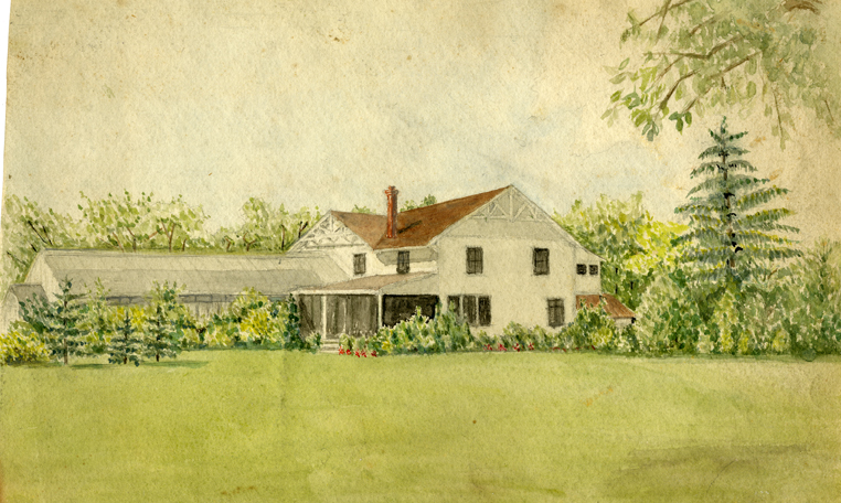 Campus Greenhouse and Residence watercolor painting by Lutie Robinson Gunson, circa 1913