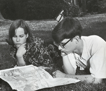 Students reading campus map, 1966-1967
