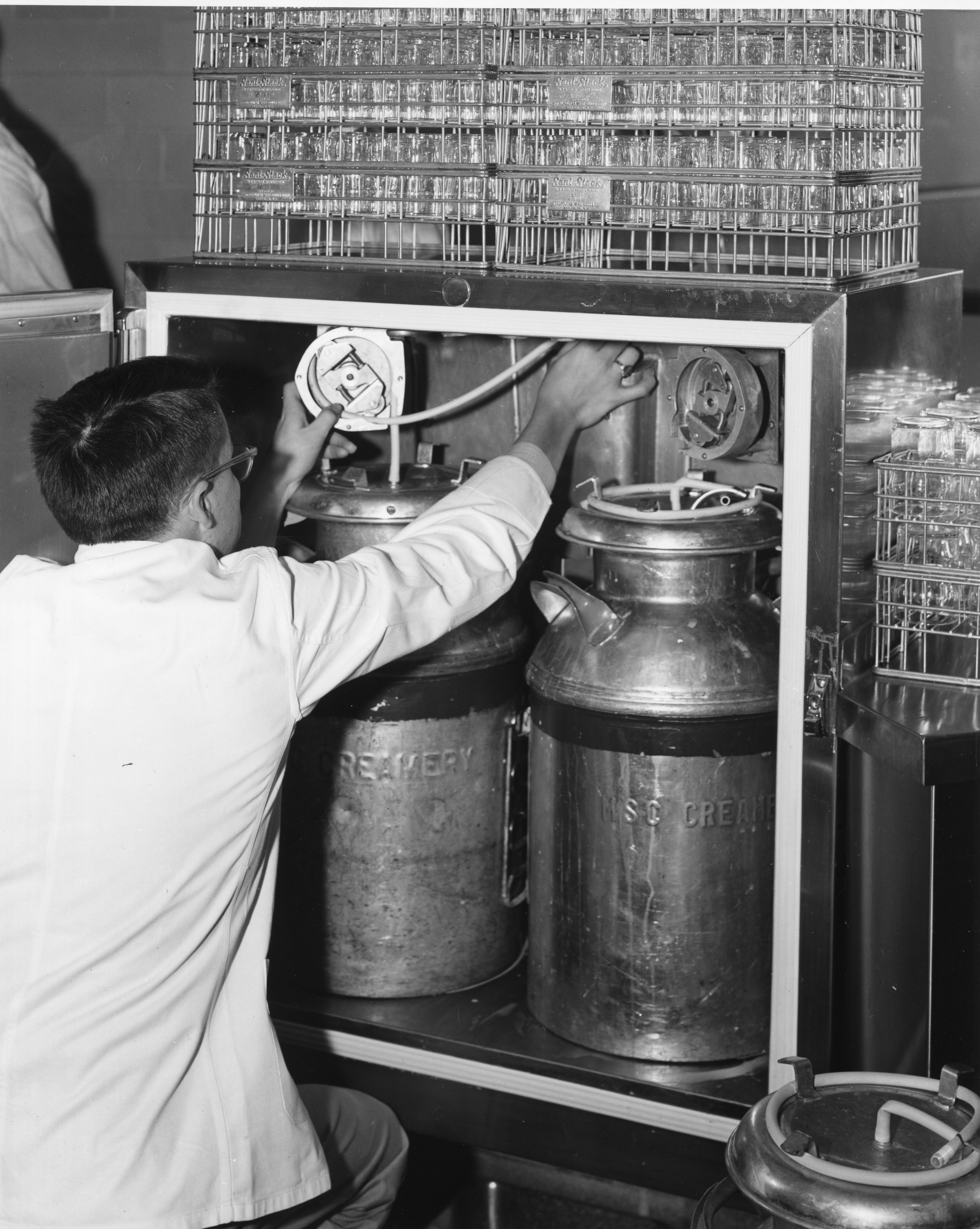 Milk dispenser in Brody Hall kitchens, 1954