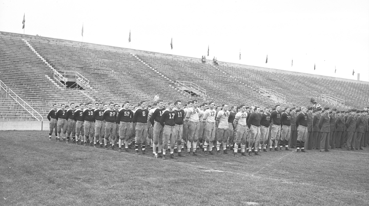 Campus football leagues stand in formation, November 6, 1943