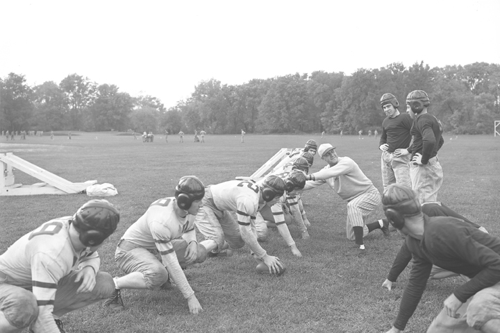 Campus football league teams practicing, October 1943