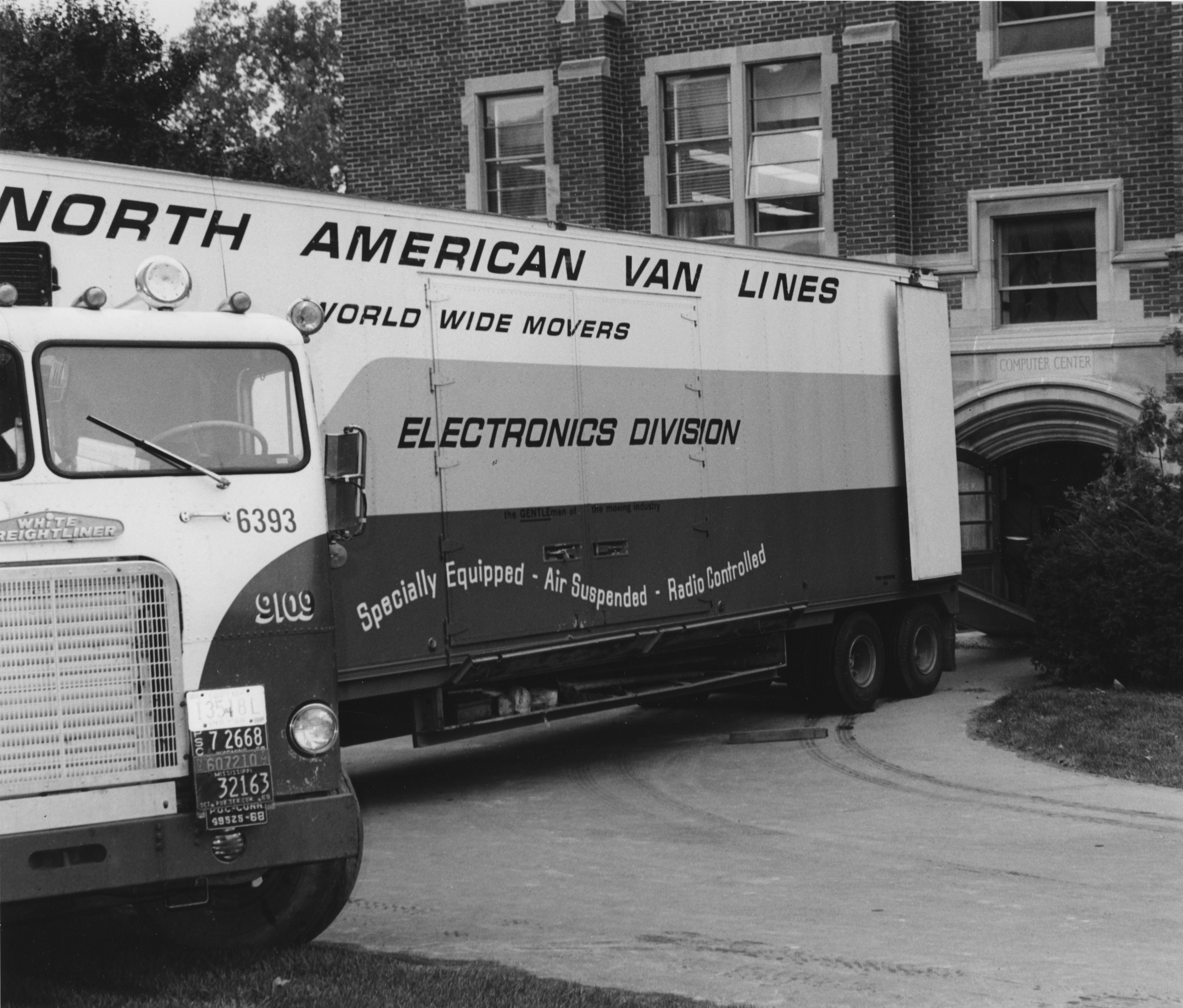 North American Van Lines truck parked at Computer Center entrance, date unknown