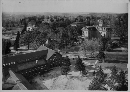 Old Engineering, Williams Hall, and College Hall aerial view, circa 1900