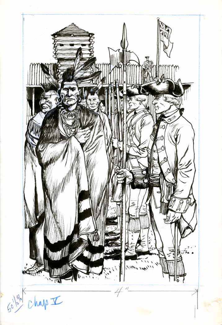 Native Americans & British at Fort Michilimackinac drawing, 1966