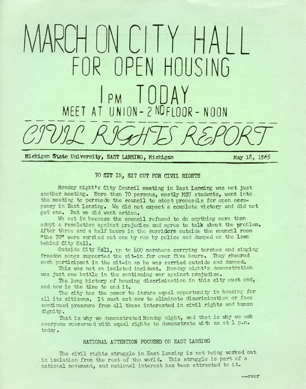 March on East Lansing City Hall for Open Housing flyer, 1965