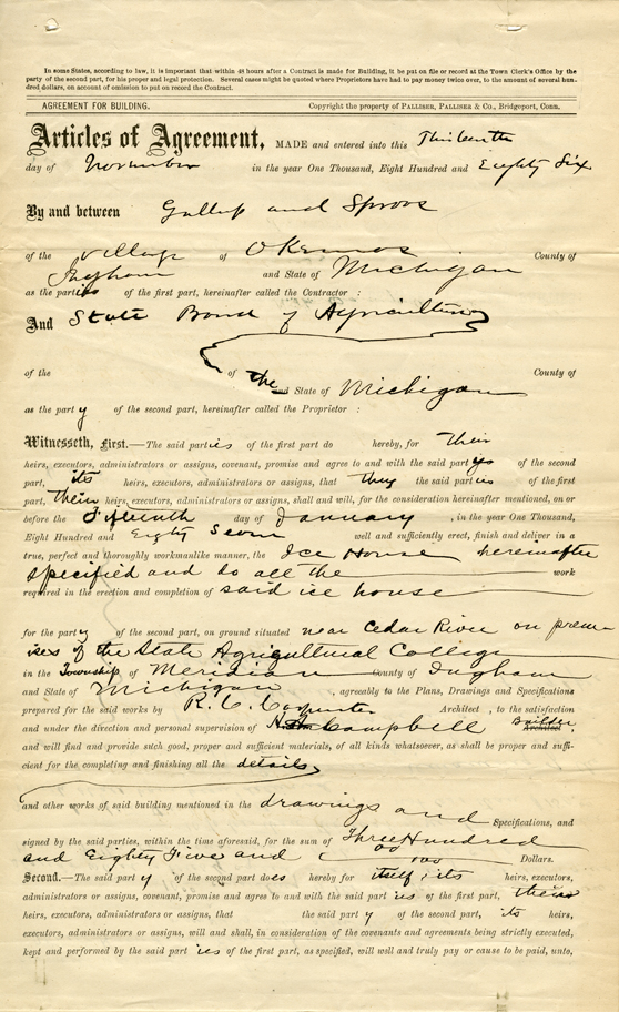 Ice House Building Contract, 1886