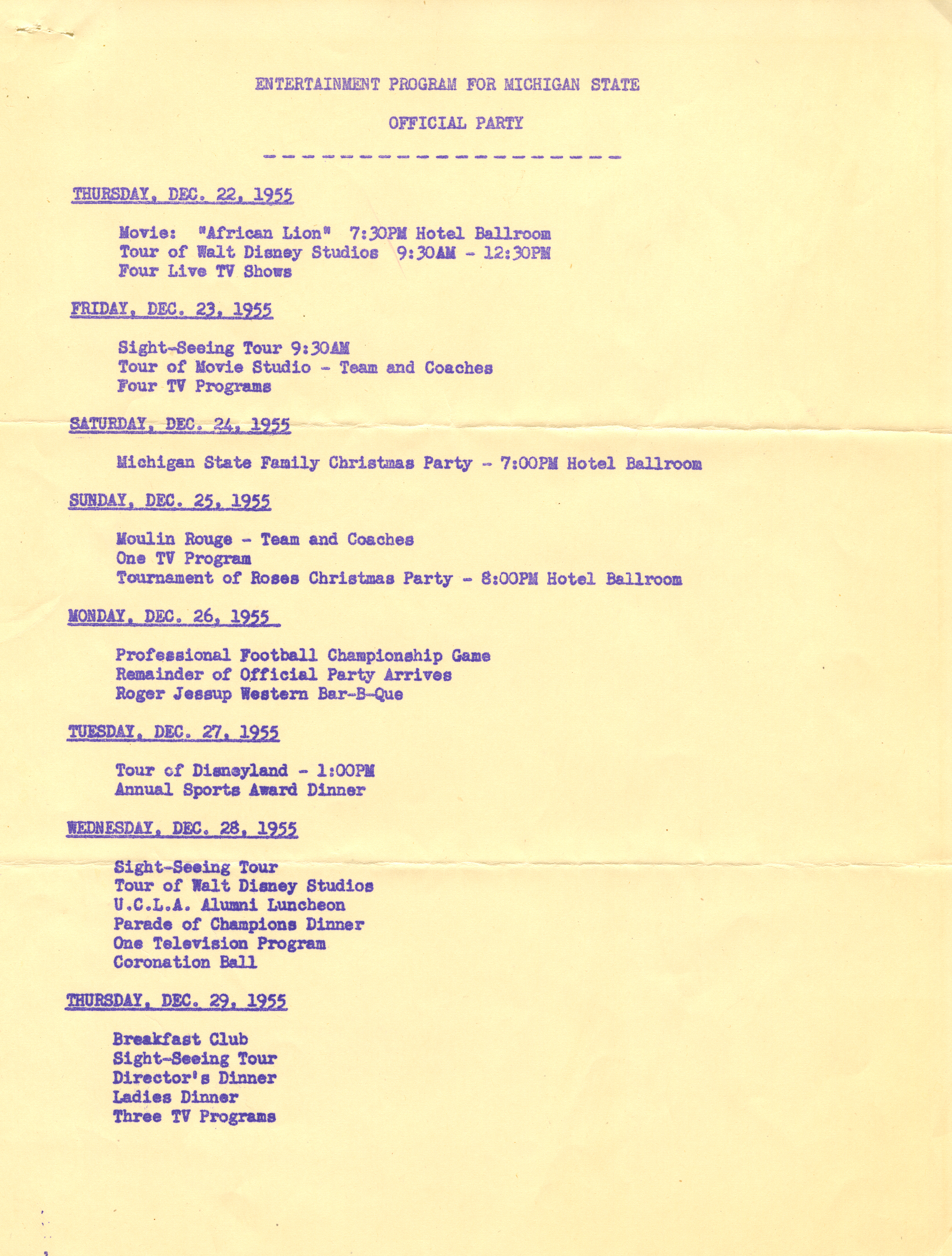 Entertainment program for Michigan State Official Party, 1955-1956