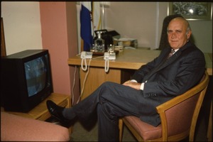 Former South African president FW de Klerk before a television interview at the Union Buildings in Pretoria in 1994.