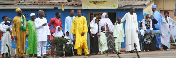 Conservative Muslims dressed for an eid festival prayer.